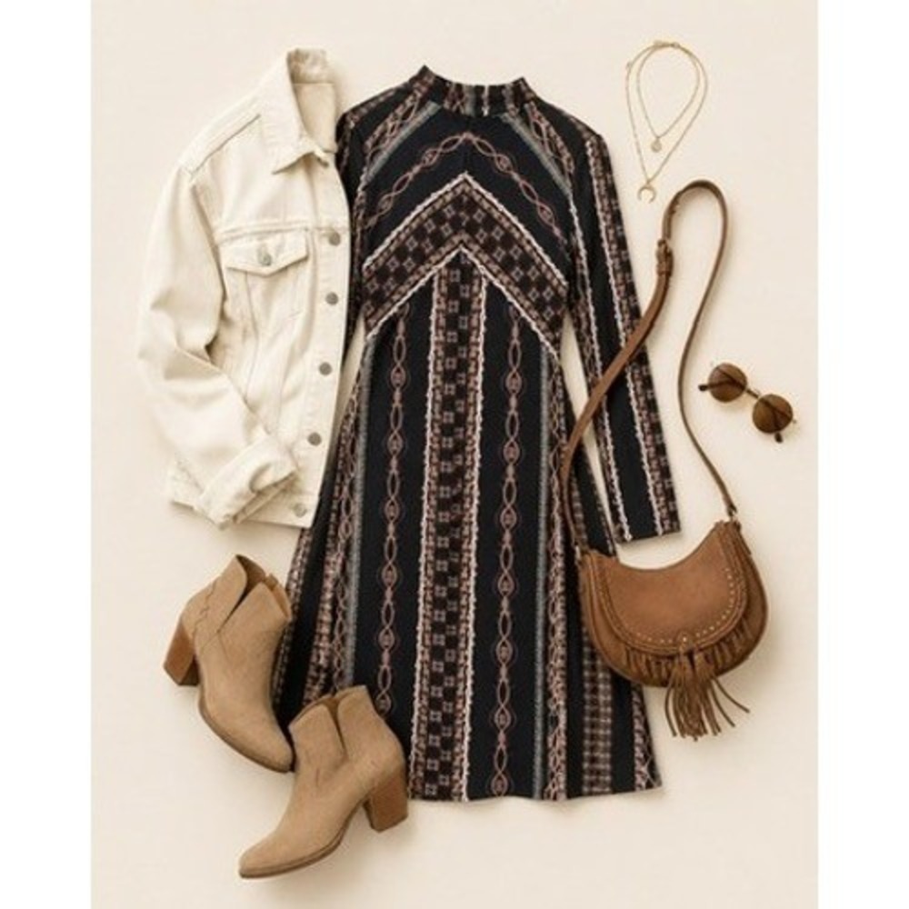 Free People Women's Stella Mock Neck Geometric Boho Print Long Sleeve Mini Dress